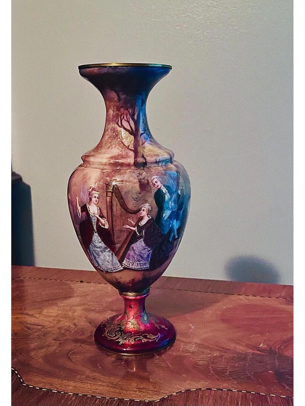 Antique French Foil & Enamel on Copper Vase Court Scenes With Musicians, Signed